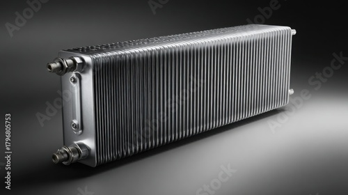 car radiator with clean aluminum fins, hyperrealistic rendering, dark neutral background, soft yet sharp specular lighting, clear separation