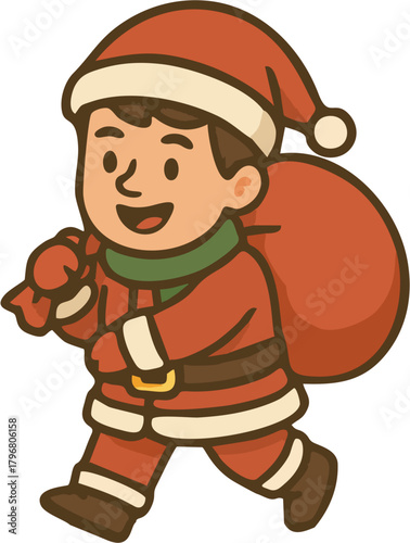 Cute Santa Claus Boy Illustration – Flat Christmas Character with Gift Bag