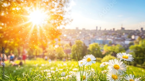 Natural field scenery showing soft sunlight sparkles over bright green grass under clear sky