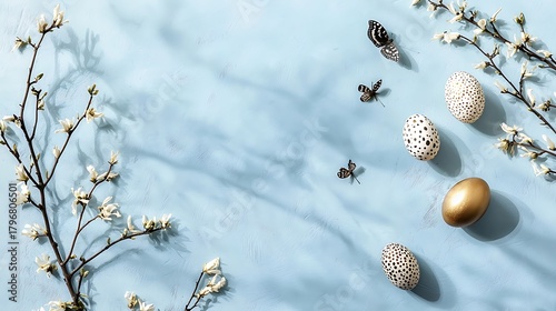 Subtle golden flat lay with elegant egg decorations and delicate light reflections across surface