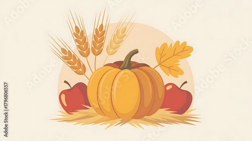 Orange pumpkin red apples wheat stalks yellow leaf on straw autumn harvest