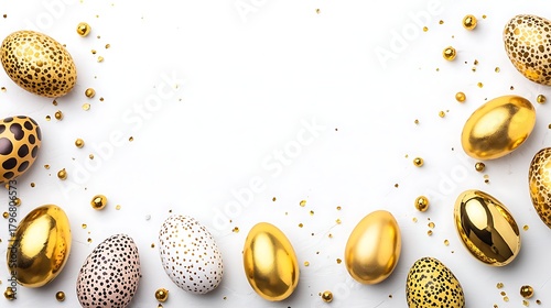 Subtle golden flat lay with elegant egg decorations and delicate light reflections across surface