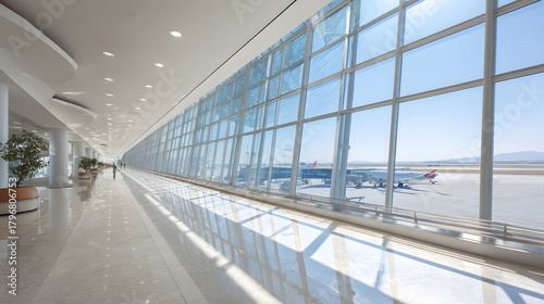 Boarding gate area with large glass windows overlooking runway, modern clean floor