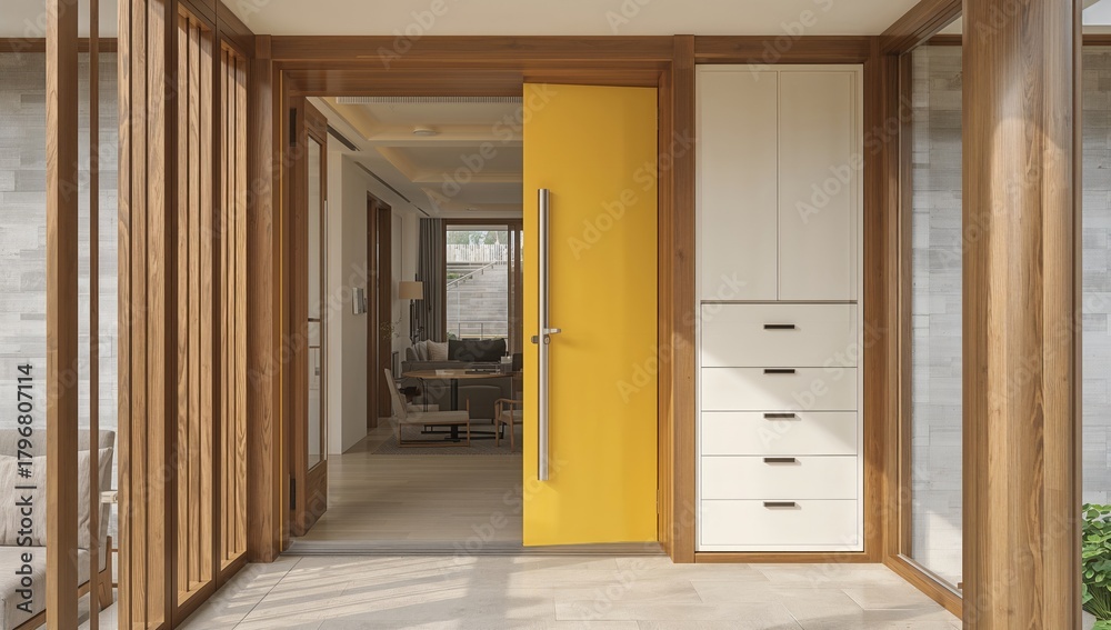 Fototapeta premium Entrance porch of a home featuring a yellow door and a sizable white cabinet, focal point for functional design