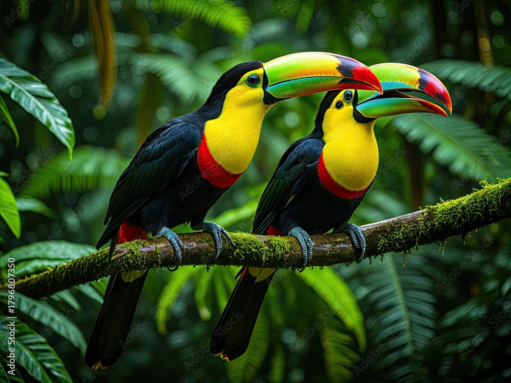 Obraz premium Colorful Toucans Perched on Branch in Lush Rainforest - Wildlife Photography, Exotic Birds, Tropical Nature Scene
