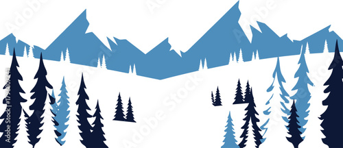 Snowy mountain landscape with evergreen trees in shades of blue and white hues