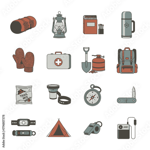 A collection of sixteen hand-drawn style icons depicting essential camping and outdoor adventure gear and equipment on a white background.