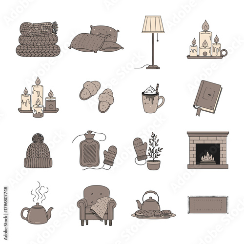 A collection of cozy home items and comfort objects for a warm and relaxing atmosphere.