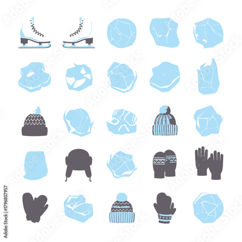 A collection of winter accessories and ice elements arranged in a grid pattern.