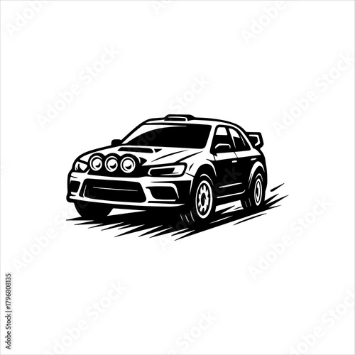 Dynamic off-road rally race car in motion. A black and white vector graphic for motorsport and automotive design