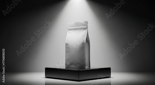 White stand-up pouch packaging mockup on black pedestal under spotlight in dark studio.