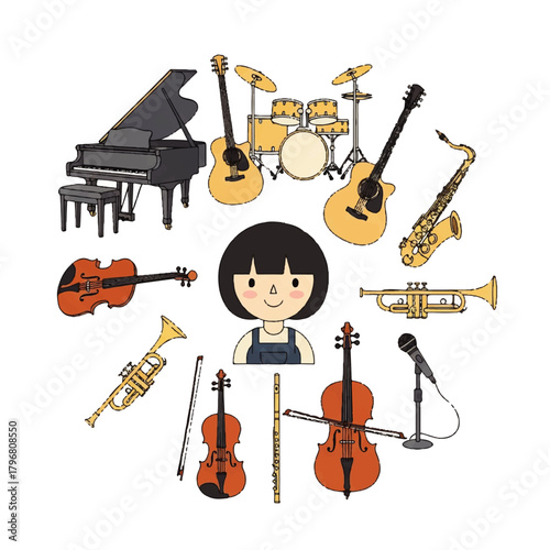 Cartoon illustration of a musician surrounded by a wide array of musical instruments and a central performer.