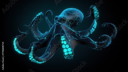 hyperrealistic cyber octopus with glowing teal neon veins across its tentacles, floating against deep matte black background, metallic texture
