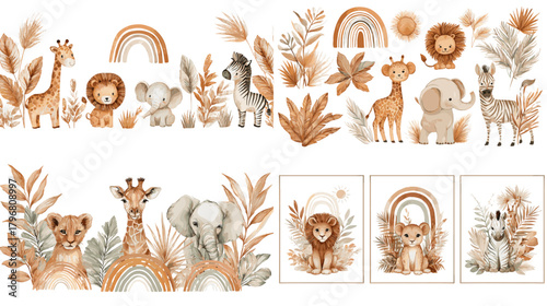 Cute watercolor safari animals with rainbows and foliage in warm neutral tones. Adorable nursery clipart for kids’ posters, birthday invites, and baby room decor.