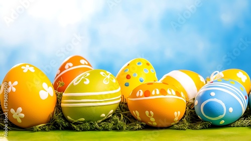 Clear blue sky above green meadow scattered with colorful Easter eggs under bright daylight