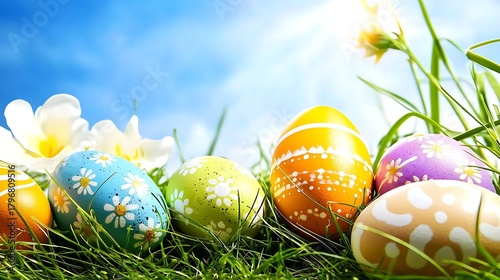 Clear blue sky above green meadow scattered with colorful Easter eggs under bright daylight