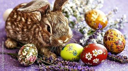 Close-up of cute bunny figure with colorful egg placed beside blooming lavender on pastel purple surface