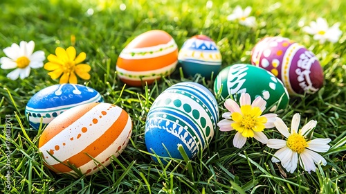 Close-up of multicolored eggs lying on grass with flowers reflecting gentle morning light