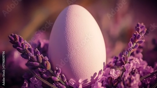 Gentle purple surface featuring lavender flowers and bright pastel eggs under natural light glow