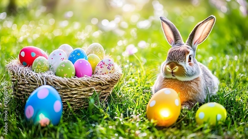 Cute bunny resting near Easter basket illuminated by gentle warm light