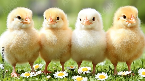 Cute fluffy chicks standing among tiny daisies on bright pastel yellow tone