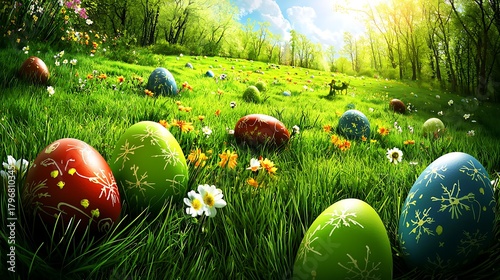 Bright outdoor spring meadow filled with flowers and scattered Easter eggs glowing in sunlight