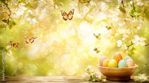 Outdoor scene capturing soft warm sunrise lighting over colorful eggs and flying butterflies