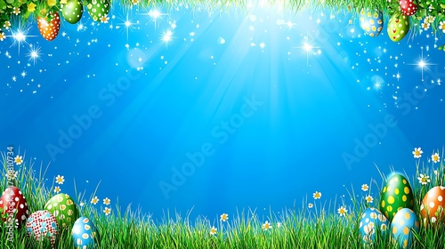 Pastel blue background with colorful eggs on green grass and small flowers under sunlight