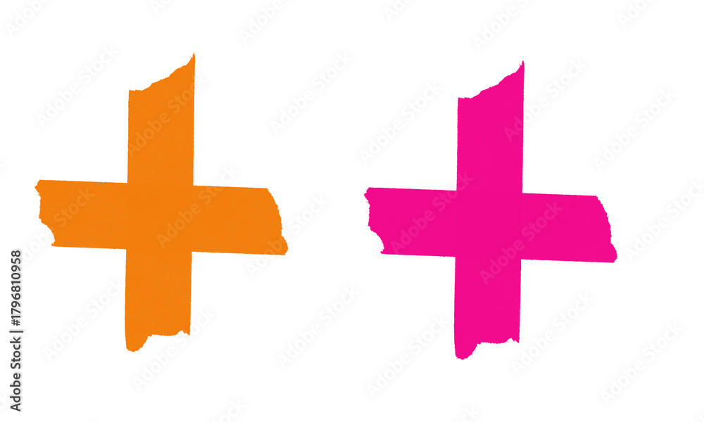 Obraz premium Textured orange and pink plus signs. hand-drawn brush stroke design elements isolated on transparent background