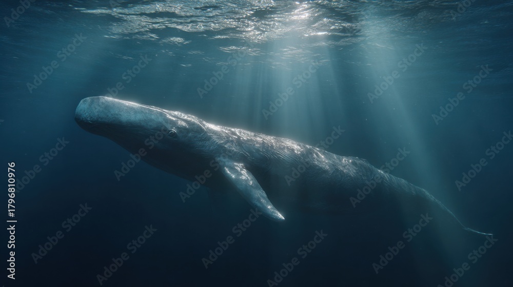 Fototapeta premium hyperrealistic overhead shot of a massive sperm whale gliding through deep sapphire ocean waters, sunlight forming long rays around its silhouette