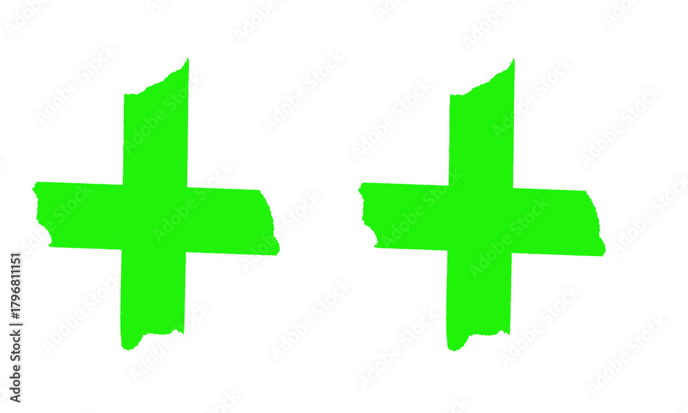 Obraz premium Two rough hand-drawn bright green plus signs symbolizing addition and growth isolated on transparent background