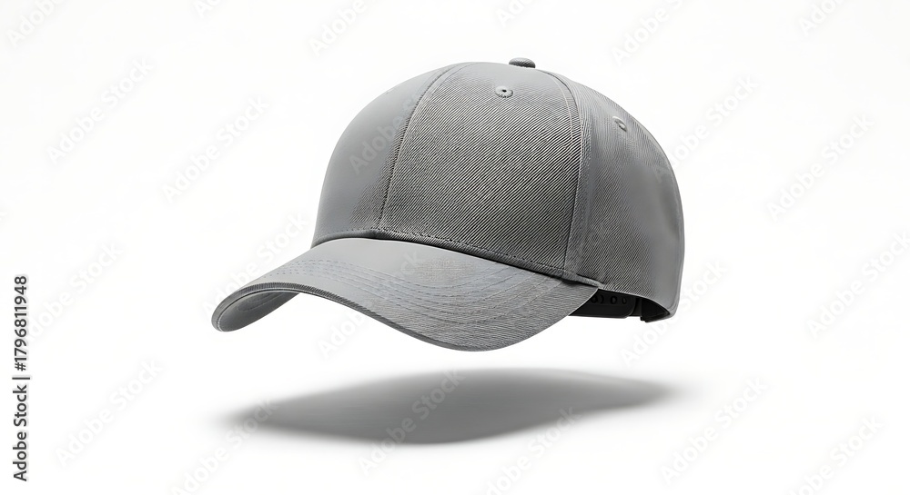 Fototapeta premium Floating Blank Grey Baseball Cap Mockup Isolated on White Background with Shadow