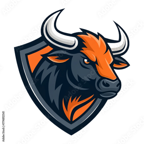 Piston Bull Mascot Logo | Dark Iron and Orange Flat Vector Esport Badge Design

