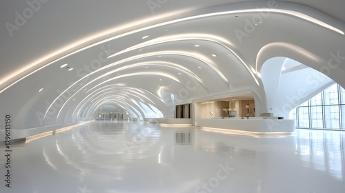 clean white airport concourse with curved ceiling structure, ambient light