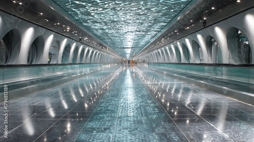 modern futuristic airport walkway with glowing panels and symmetry