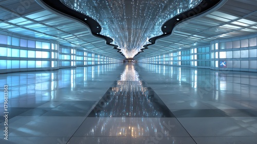 modern futuristic airport walkway with glowing panels and symmetry