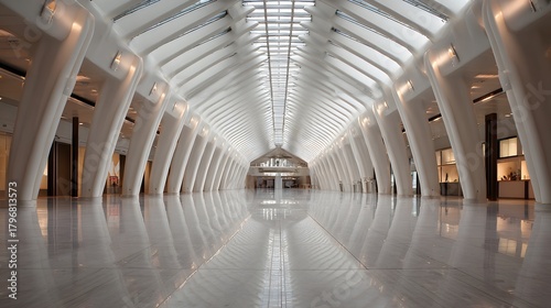 open modern terminal with symmetrical columns and skylight reflections