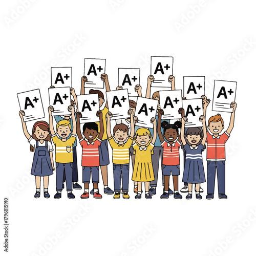 Joyful students celebrate high grades with A+ signs in a classroom.