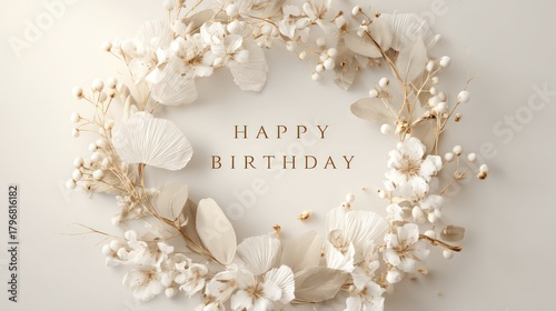 Delicate birthday card design with circular wreath of cherry blossoms eucalyptus sprigs and golden twigs. Center holds refined