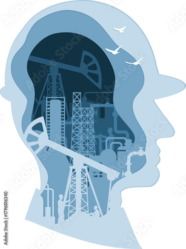 Oil and gas industry illustration. Petrochemical factory, oil field and pipelines with workers and engineers. Paper art craft vector.  Layered parallax design element