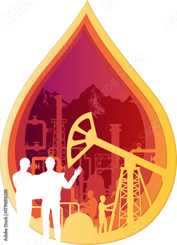Oil and gas industry illustration. Petrochemical factory, oil field and pipelines with workers and engineers. Paper art craft vector.  Layered parallax design element
