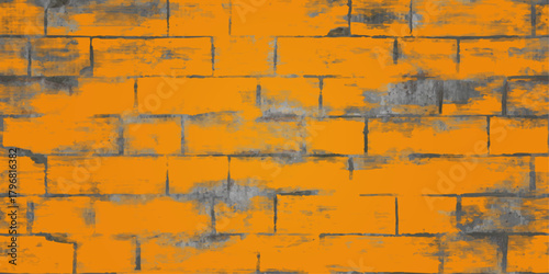 Vector Grunge Brick Wall Background Old Urban Concrete Block Texture with Bright Orange Paint Overlay
