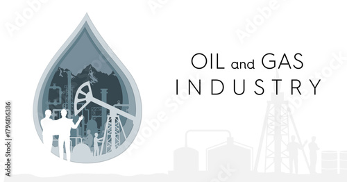 Oil and gas industry background. Petrochemical factory, oil field and pipelines with workers and engineers. Paper art craft vector.  Layered parallax illustration