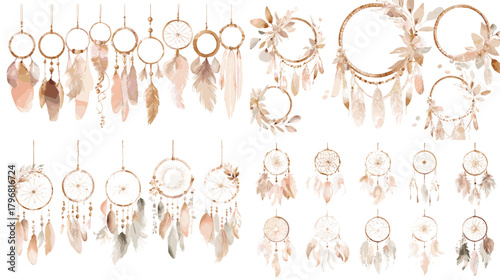 Soft boho dreamcatcher clipart with feathers, hoops, beads, and wreaths in warm beige and terracotta watercolor. Perfect for nursery decor, branding, crafts, and printable designs.