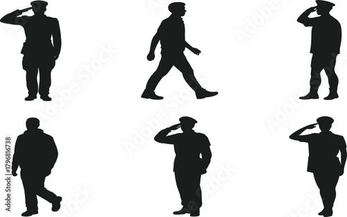 Salute silhouette, walking figure, black graphic, vector illustration, military gesture, posture contrast, formal stance, unique pose, discipline icon, motionSalute silhouette, walking figure