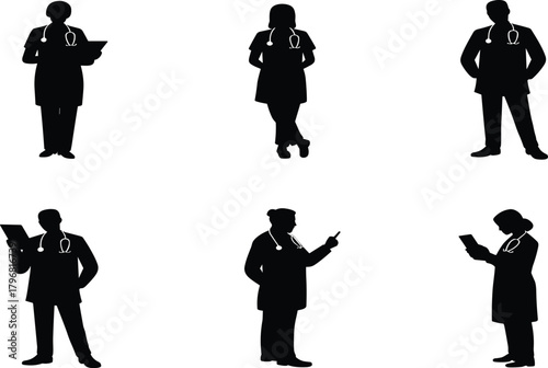 Medical professional silhouette, doctor figure, black graphic, vector illustration, healthcare worker, stethoscope pose, clinical gesture, hospital staff, 