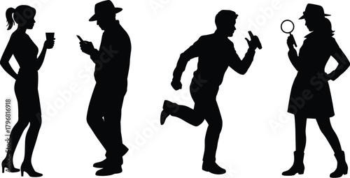 Human silhouette, playful gesture, black graphic, vector illustration, casual pose, running motion, smartphone user, coffee stance, detective icon, postureHuman silhouette