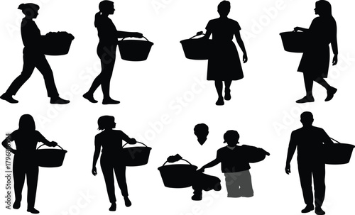 Laundry basket silhouette, black graphic, vector illustration, household chore, cleaning gesture, carrying pose, domestic task, human movement, posture iconLaundry basket silhouette, 