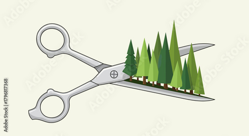 Concept of deforestation and environmental conservation represented by scissors cutting a forest