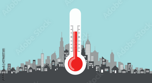 Urban heatwave graphic illustrating the severe impact of rising temperatures on metropolitan areas, depicted by an overheating thermometer against a city skyline, symbolizing climate change challenges